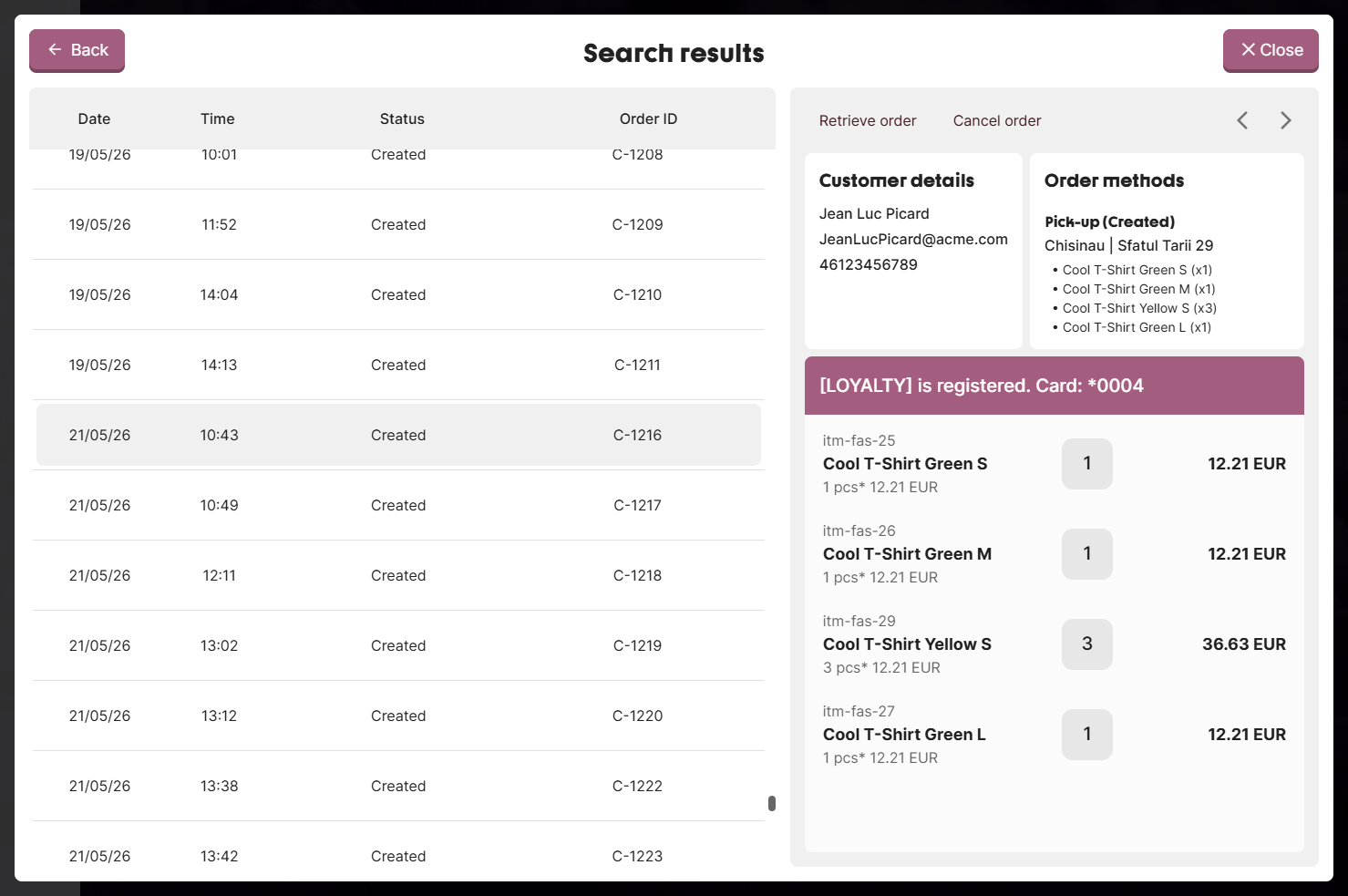 Customer Order Search Results With Selected Item Preview