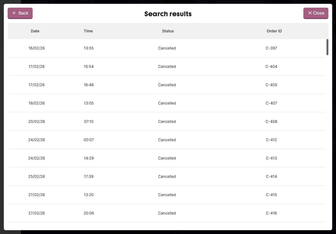 Customer Order Search Results Table