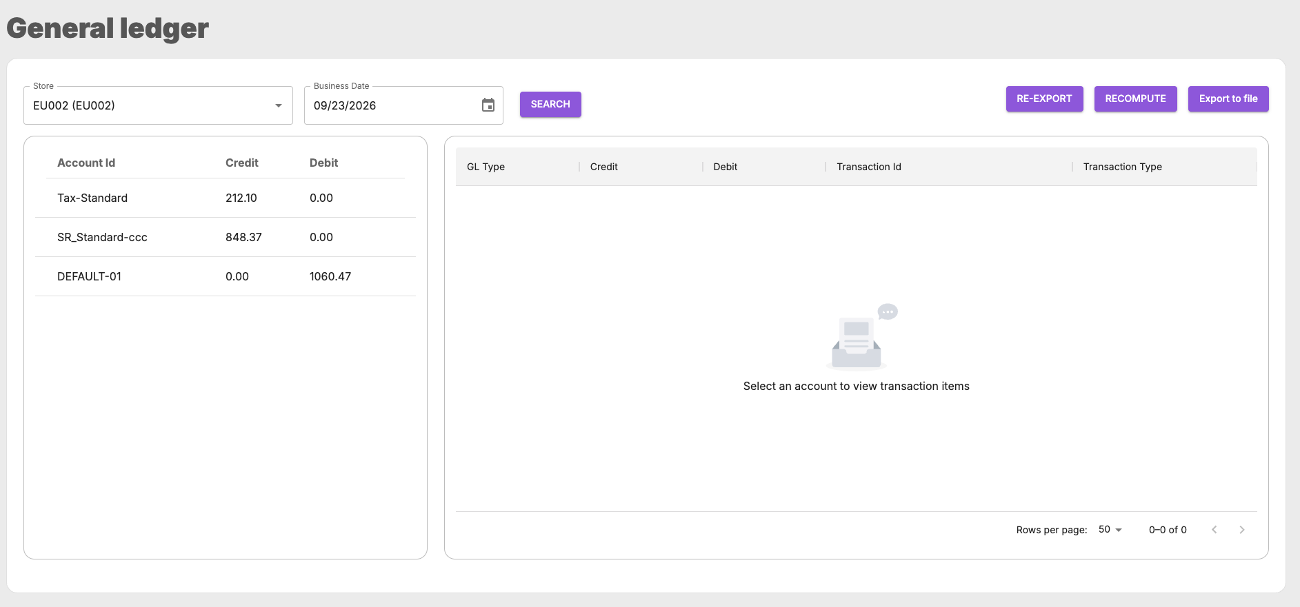 The General Ledger tool: choose a store and a business date to see credit and debit per account, select an account to see the transactions behind it, and use the RE-EXPORT, RECOMPUTE and Export to file buttons.